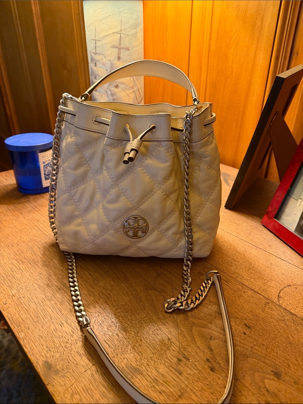 Tory Burch Cream Quilted Drawstring Bucket Shoulder Bag